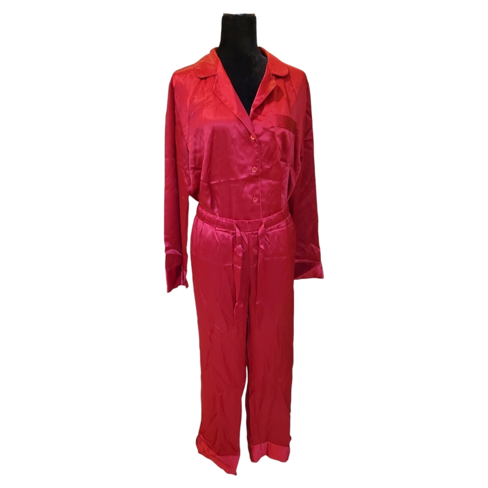 Neiman Marcus Intimates Red Silk Long Sleeve Pajamas, Button Down XL